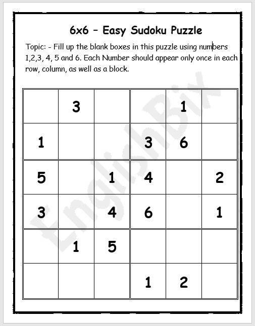 6x6 Blank Sudoku Printables For Elementary Grades EnglishBix