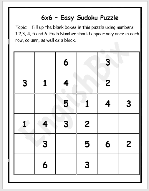 Beginner Sudoku 6×6 Printable