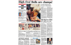 Chicago Bulls 1991 Championship Win quot High Five quot Front Page Poster