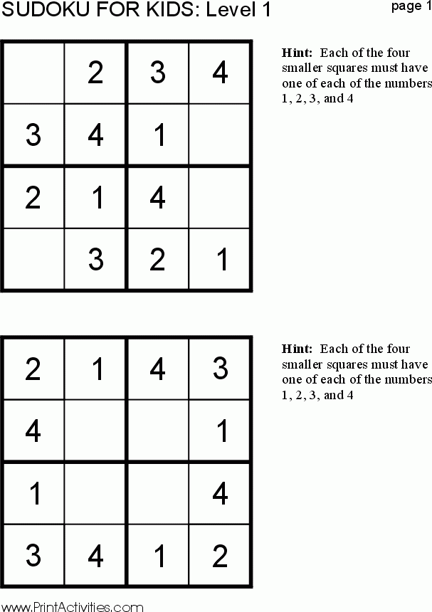 Free Kid Sudoku Puzzle Level 1 Page 1 Sudoku Sudoku Puzzles Math 