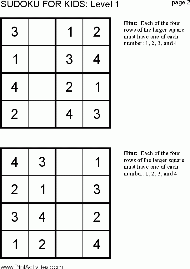 Free Kid Sudoku Puzzle Level 1 Page 2 Sudoku Puzzles Sudoku Math 