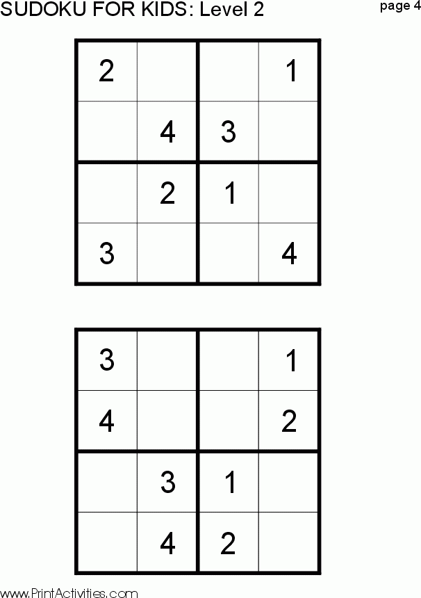 Free Kid Sudoku Puzzle Level 2 Page 4 Okul Okul ncesi Matematik 