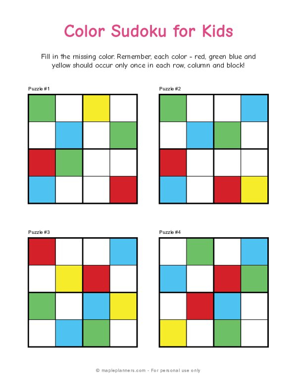Free Printable Color Sudoku For Kids 4x4 Easy