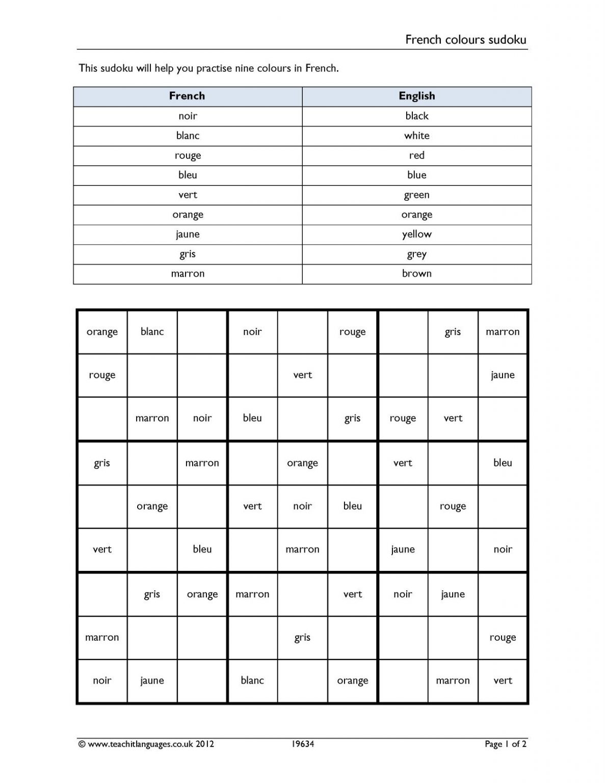 Ks3 French Language Basics Teachit Languages Sudoku Printable