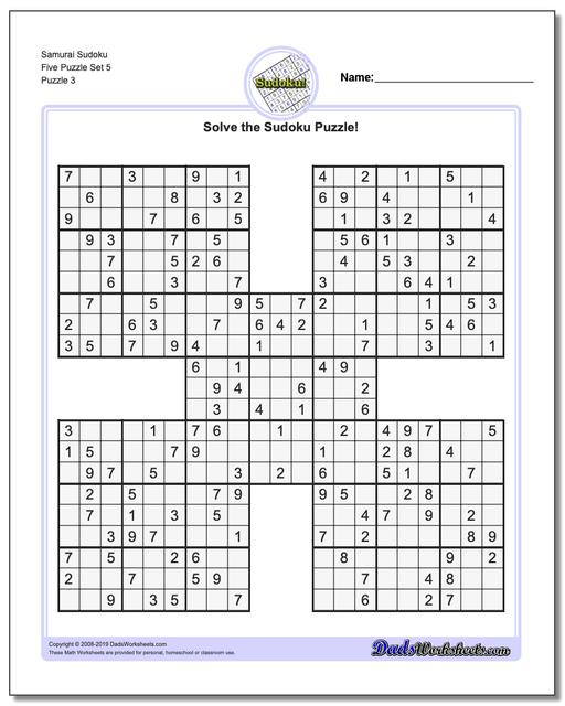 Math Worksheets Sudoku Sudoku Samurai Sudoku Five Puzzle Set 5 