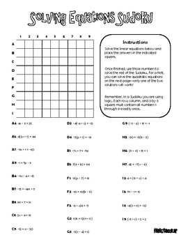 Mathtacular Solving Equations Sudoku Algebra 1 By Mathtacular