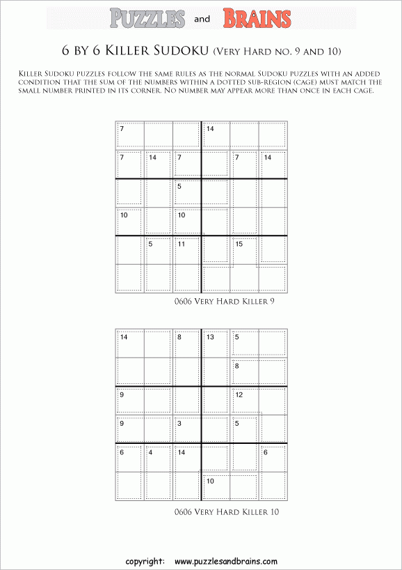 Printable 6 By 6 Very Challenging Level Killer Sudoku Logic And Number 