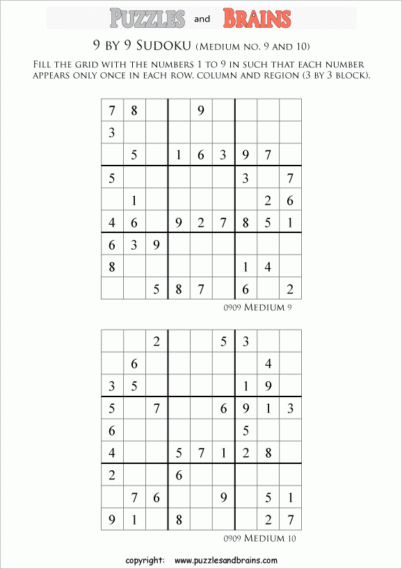 Printable Medium Level 9 By 9 Sudoku Puzzles For Kids Beginners And Profs 