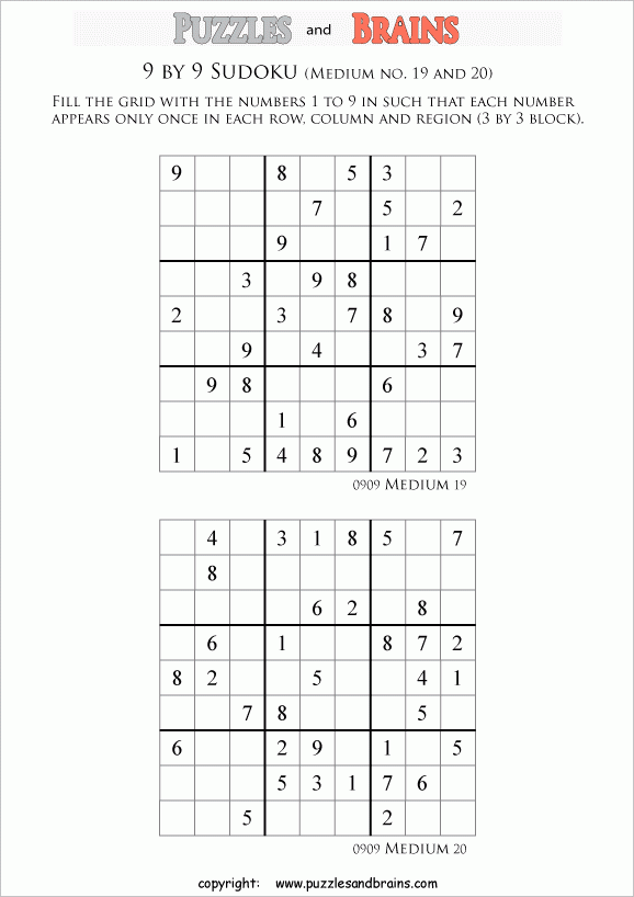 Printable Medium Level 9 By 9 Sudoku Puzzles For Kids Beginners And Profs 