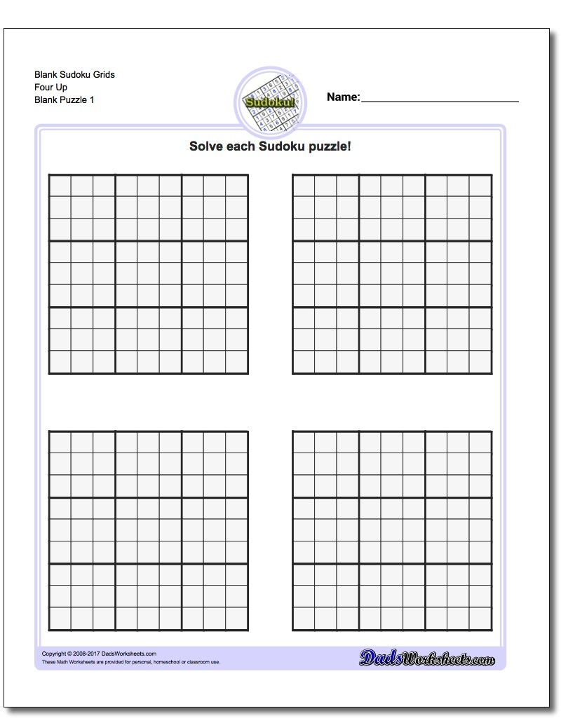 Printable Sudoku Puzzle Blank Grids Four Up Sudoku Sudoku Puzzles 