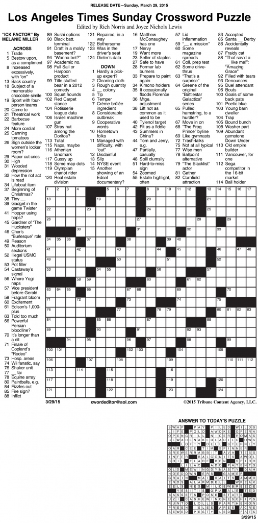 Sample Of Los Angeles Times Sunday Crossword Puzzle Tribune 