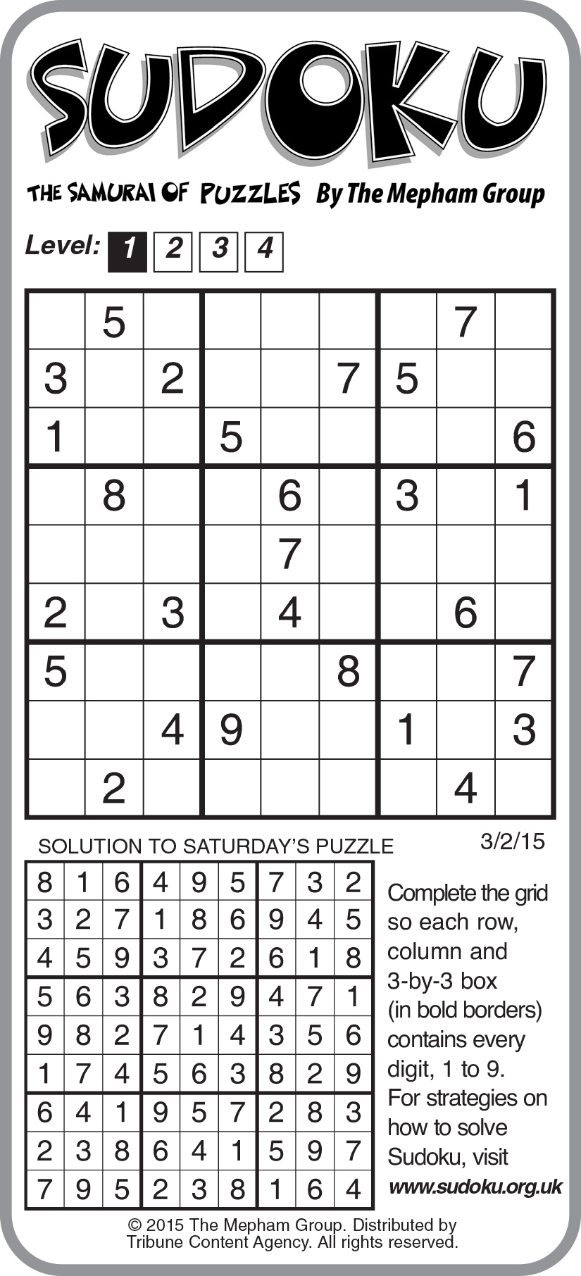 Sample Of Sudoku Daily Vertical Tribune Content Agency March 2 2015 