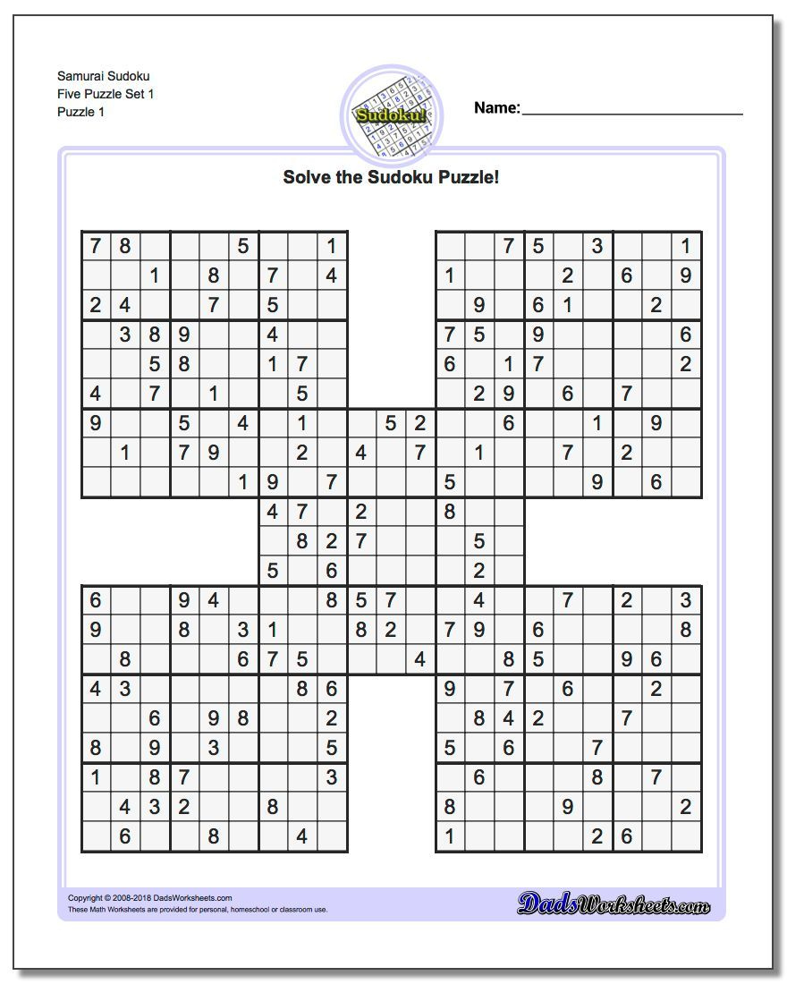 Samurai Sudoku Five Puzzle Set 1 Sudoku Worksheet Sudoku Puzzles 