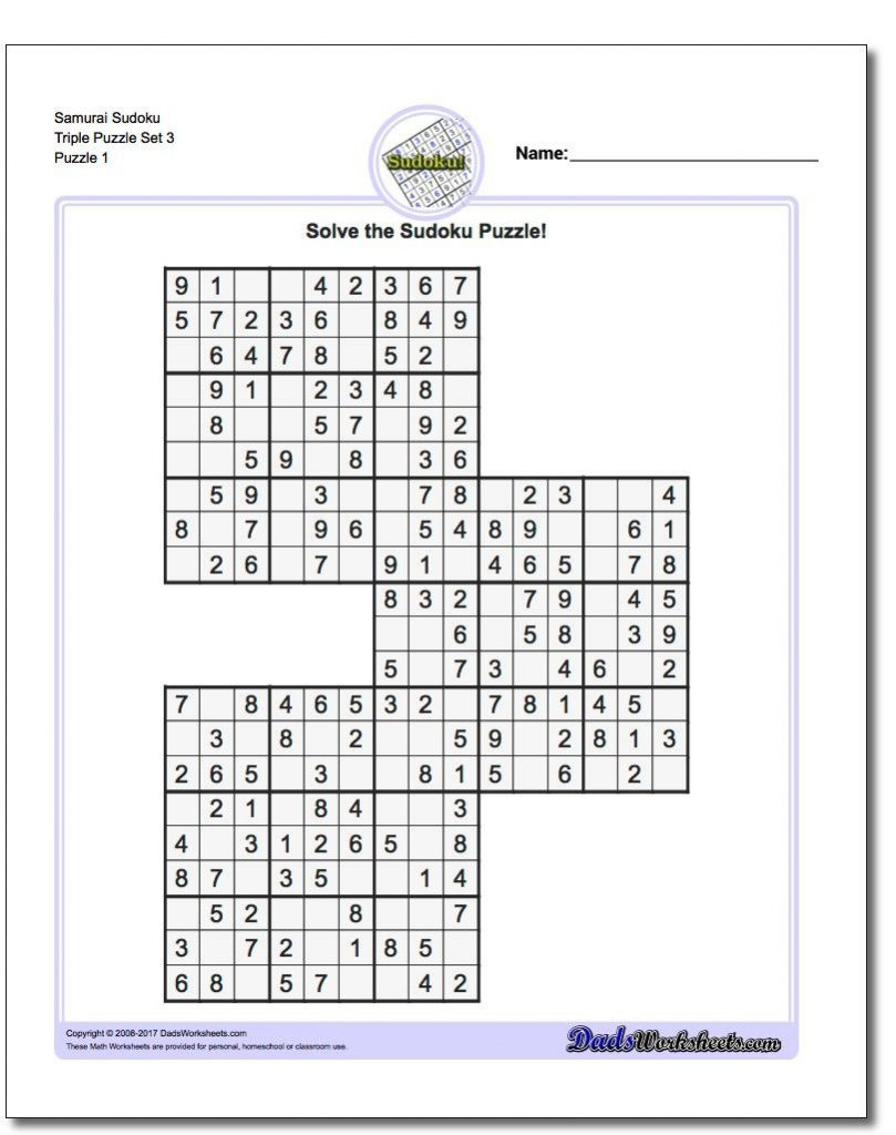 Samurai Sudoku Triples Math Worksheets Sudoku Puzzles Math 6 