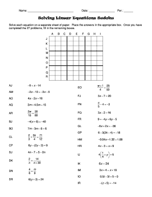 Solving Linear Equations Sudoku Answers Fill Online Printable 