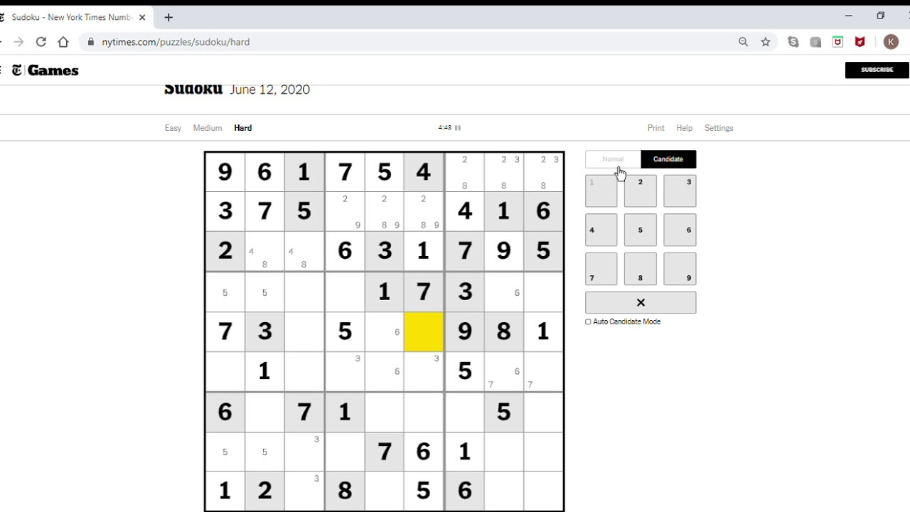Sudoku New York Times Hard Sudoku June 12 2020 YouTube