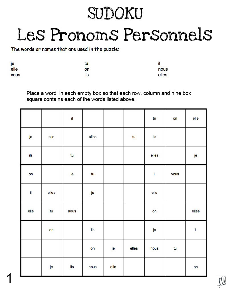 French: Subject Pronouns - Sudoko Gamesteach Simple in French Thanksgiving Sudoku