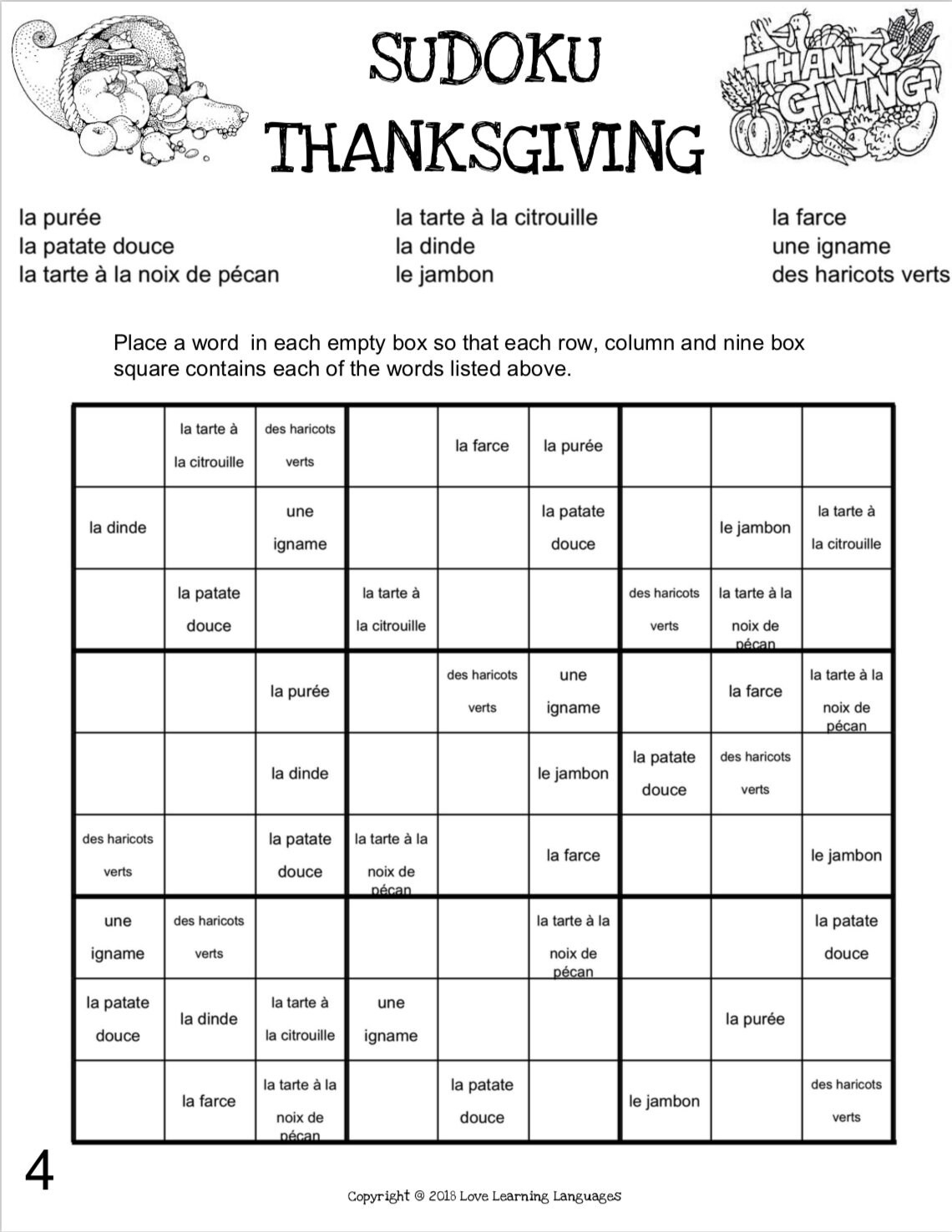 French Thanksgiving Sudoku Puzzles Homeschool - Etsy Australia with regard to French Thanksgiving Sudoku