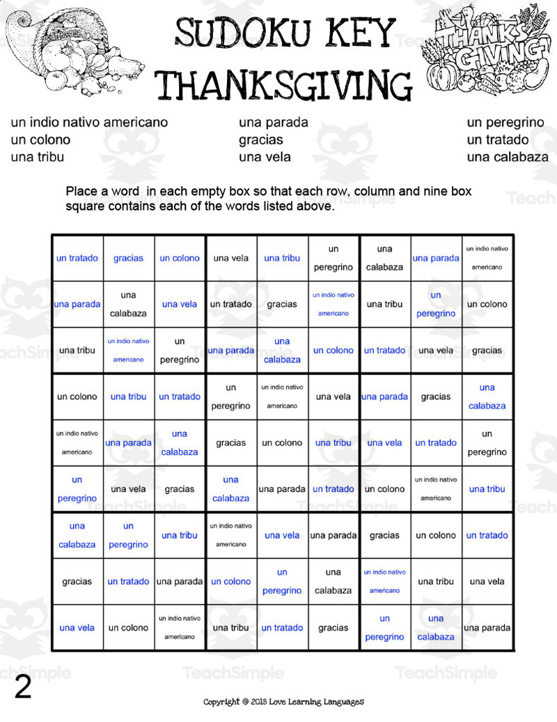 Spanish: Thanksgiving Sudoko Puzzlesteach Simple in Thanksgiving Sudoku Spanish Answers