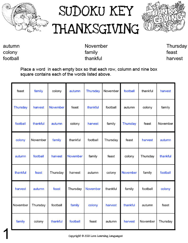 Thanksgiving Sudoko Puzzlesteach Simple with Math Geek Mama Answers Key Thanksgiving Sudoku