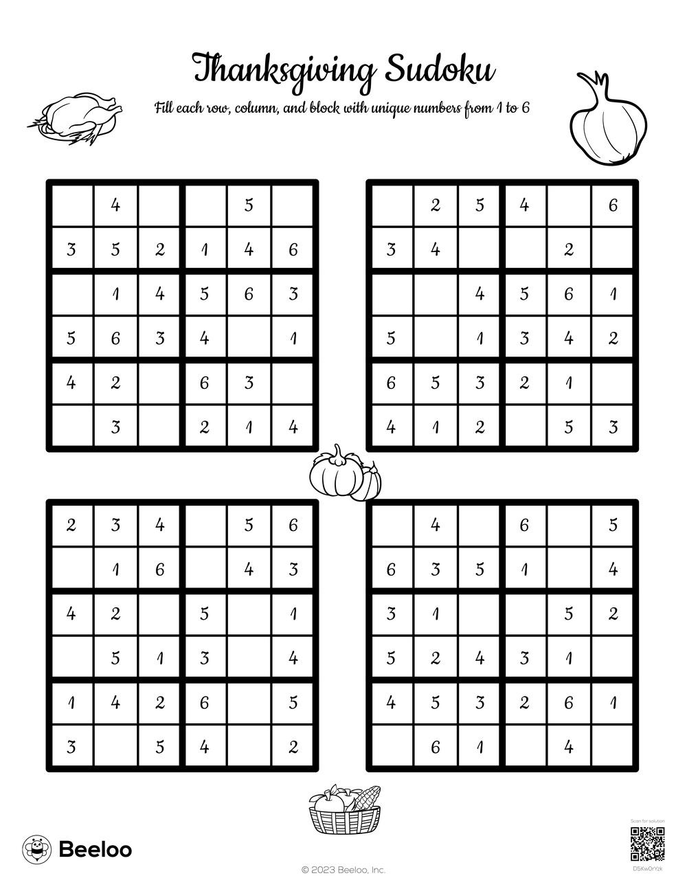 Thanksgiving Sudoku • Beeloo Printable Crafts And Activities For Kids inside Thanksgiving Sudoku