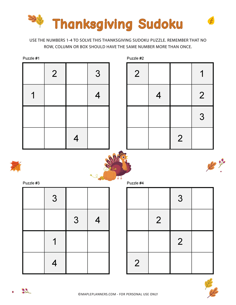 Thanksgiving Sudoku For Kids throughout Thanksgiving Sudoku Mayflower Answers