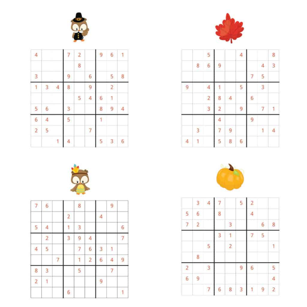 Thanksgiving Sudoku - {Free Printable} - Kids Activity Zone in Printable Thanksgiving Sudoku Puzzles