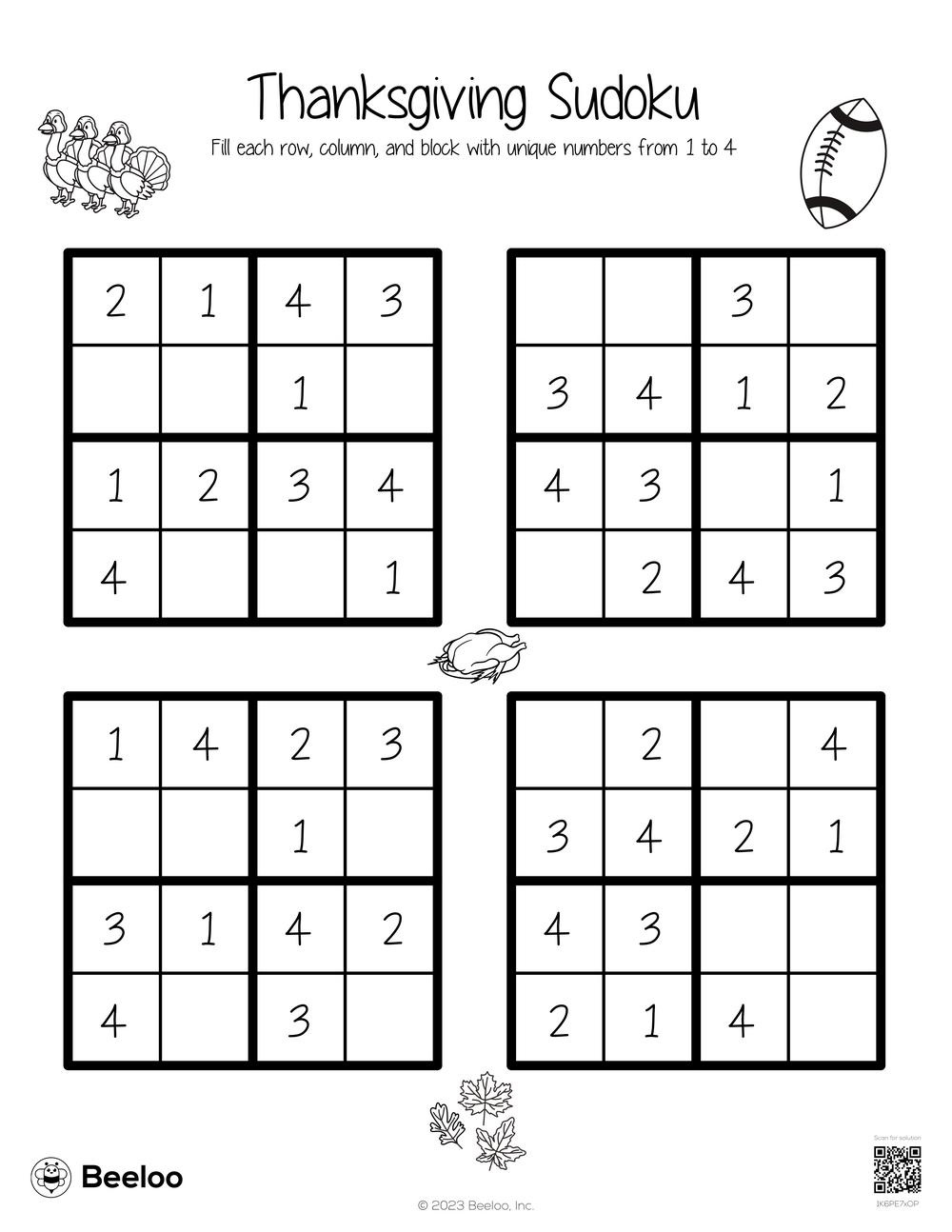 Thanksgiving-Themed Sudoku Puzzles • Beeloo Printable Crafts And for Thanksgiving Sudoku Online