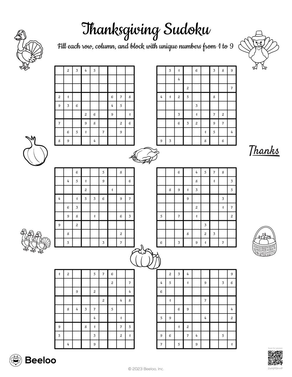 Thanksgiving-Themed Sudoku Puzzles • Beeloo Printable Crafts And regarding Answers to Thanksgiving Sudoku