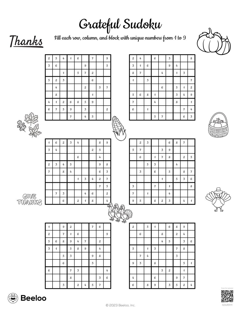 Thanksgiving-Themed Sudoku Puzzles • Beeloo Printable Crafts And within Thanksgiving Sudoku Online